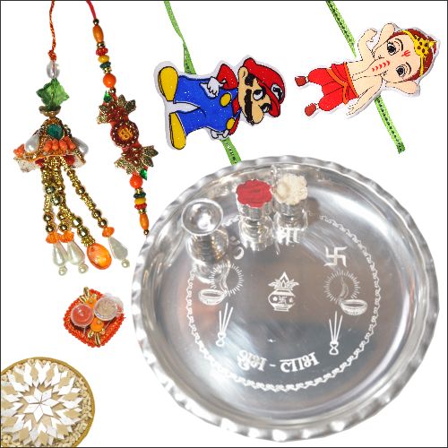 Silver Puja Thali with Sweets & 4 Rakhi Set 15